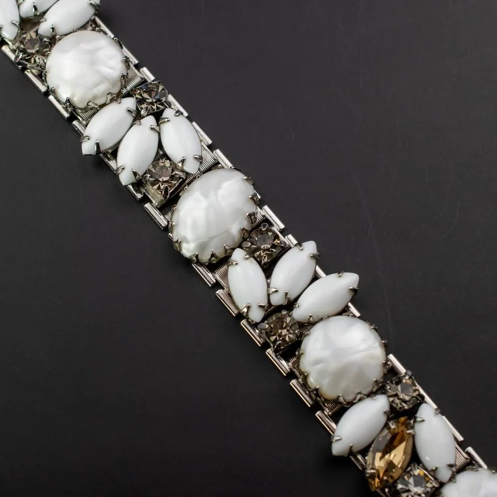 Vintage White Rhinestone Bracelet, Wide Mesh with Large Fancy Crystals Bracelet